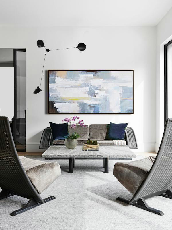 Huge Abstract Painting On Canvas,Horizontal Palette Knife Contemporary Art Panoramic Canvas Painting,Hand Paint Large Art,White,Grey,Yellow,Brown.etc